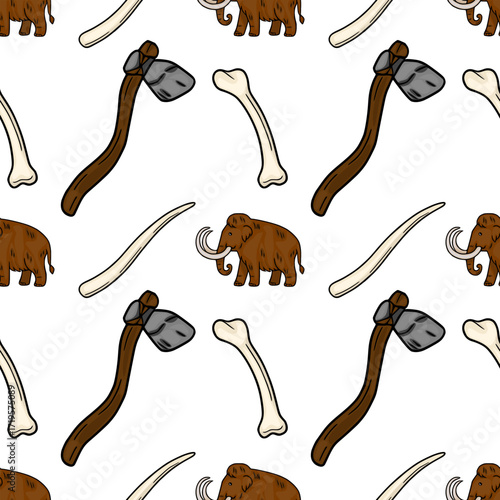 Seamless vector pattern featuring hand-drawn illustrations of woolly mammoths, stone-age axes, and mammoth bones, creating a prehistoric-themed design.