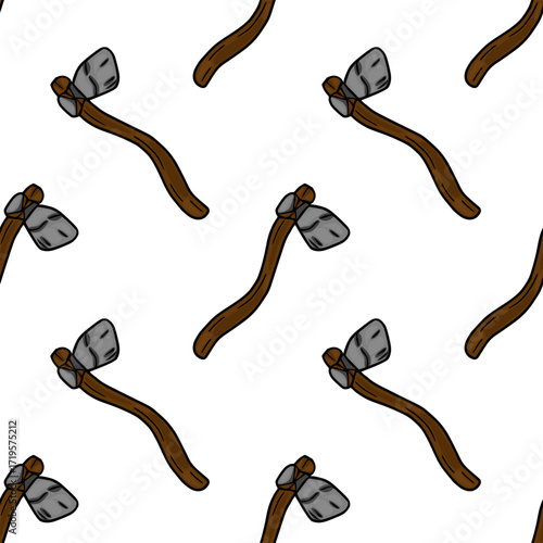 Seamless vector pattern featuring hand-drawn illustrations of primitive stone axes with brown wooden handles against a white background, creating a prehistoric or tribal aesthetic.