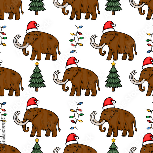 Seamless vector Christmas pattern featuring woolly mammoths in Santa hats, festive Christmas trees, and colorful string lights, creating a playful and unique holiday design.