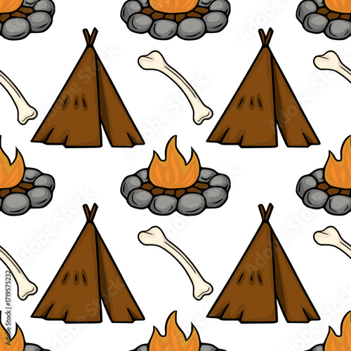 Seamless vector pattern featuring hand-drawn illustrations of primitive teepees, campfires encircled by stones, and animal bones, creating a prehistoric camping scene.