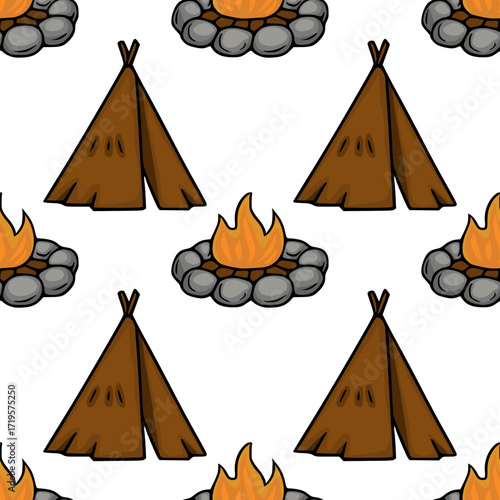 Seamless vector pattern featuring hand-drawn teepees and campfires encircled by grey stones, creating a playful yet rustic camping scene perfect for textile prints or outdoor-themed designs.