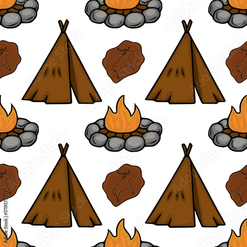 Seamless vector pattern featuring hand-drawn teepees, campfires with stone rings, and petroglyph-style rock carvings, creating a primitive camping scene.