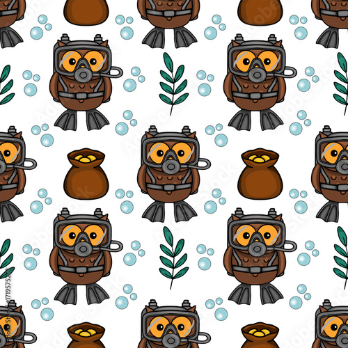 Seamless vector pattern featuring adorable scuba diving owls, treasure bags, and underwater plants, creating a playful and whimsical underwater scene.