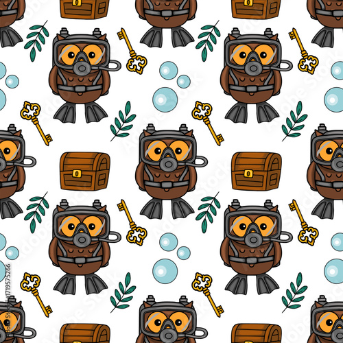 Seamless vector pattern featuring adorable scuba diving owls, antique keys, treasure chests, and aquatic bubbles, creating a playful underwater adventure theme.