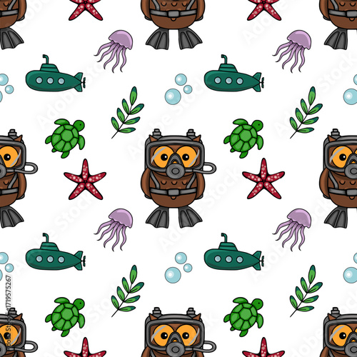 Adorable vector seamless pattern featuring a scuba-diving owl, sea turtles, starfish, jellyfish, submarines, and aquatic plants, creating a whimsical underwater adventure.