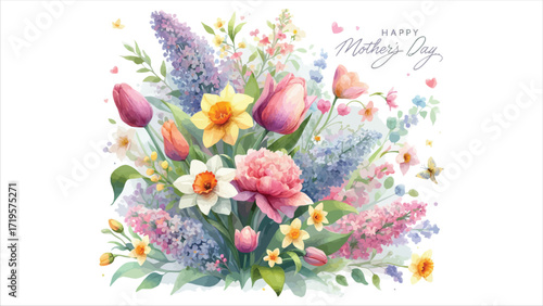 Delicate watercolor spring flowers bouquet featuring tulips daffodils and lilacs in pastel hues