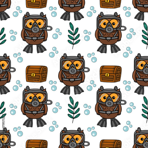 Seamless vector pattern featuring adorable scuba diving owls, treasure chests, and aquatic bubbles, creating a playful underwater adventure theme.