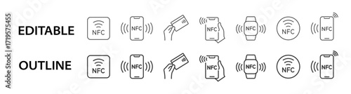 NFC editable stroke icons including contactless payment via smartphone, smartwatch, and credit card. Outline vector set for mobile technology and digital transaction