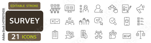 Survey editable stroke icons including checklist, voting, feedback, participant selection, rating, hand raise, and poll submission
