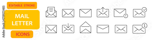 Mail and letter editable stroke icons including envelope, open mail, sent message, unread email, and notification badge