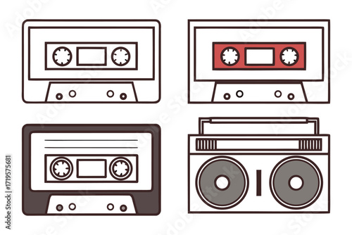 Four retro cassette tapes and a boombox illustration audio cassette music player