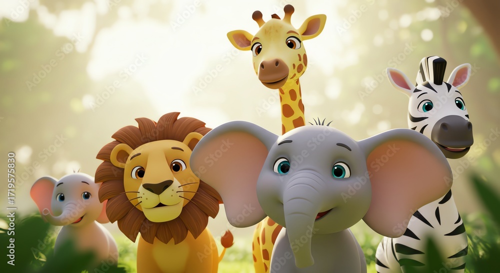 Naklejka premium Lion giraffe zebra elephant cartoon animal friends