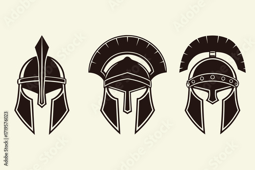 Three dark brown ancient warrior helmets with crests and face guards on a light beige background ancient helmet