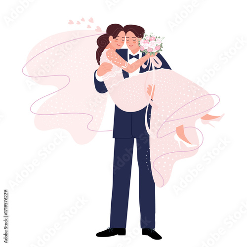 groom holds the bride in his arms at the solemn moment of the wedding. a beautiful couple of newlyweds with a bouquet of flowers. flat drawing, delicate colors. stock vector illustration. EPS 10.