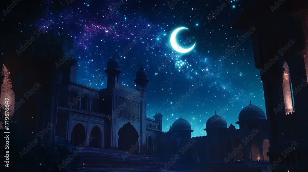 Naklejka premium Majestic mosque under a starry night sky with a crescent moon, evoking a sense of peace and wonder, perfect for ramadan or islamic themed backgrounds