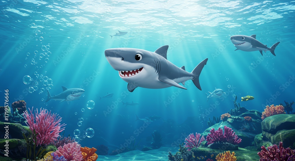 Fototapeta premium Sharks swimming in ocean with coral reef