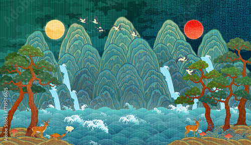 Traditional Korean folk painting, The Sun, the Moon, and the Five Mountains, a large-scale interior decoration illustration. Ilwol Obongdo. 한국 전통 민화, 일월오봉도 일러스트