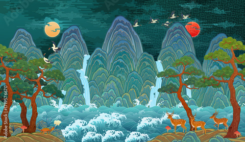 Traditional Korean folk painting, The Sun, the Moon, and the Five Mountains, a large-scale interior decoration illustration. Ilwol Obongdo. 한국 전통 민화, 일월오봉도 일러스트