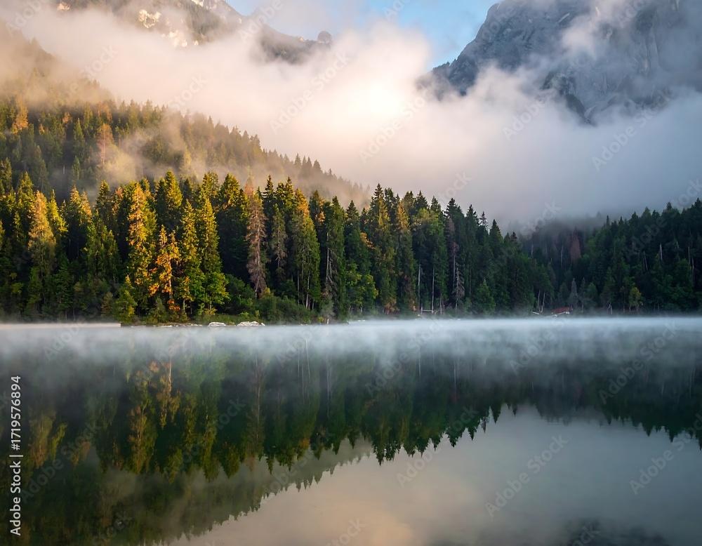 Fototapeta premium Misty lake at dawn with mountains