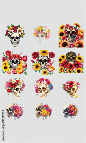 Colorful floral arrangements featuring skulls and sunflowers a vibrant artistic display