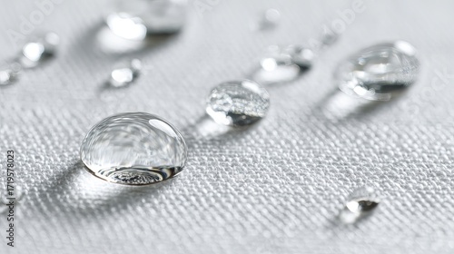 Clear water drops on white canvas surface Soft focus closeup highlights waterproof properties of fabric