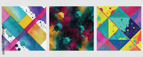 Vibrant abstract geometric designs with watercolor textures and splashes
