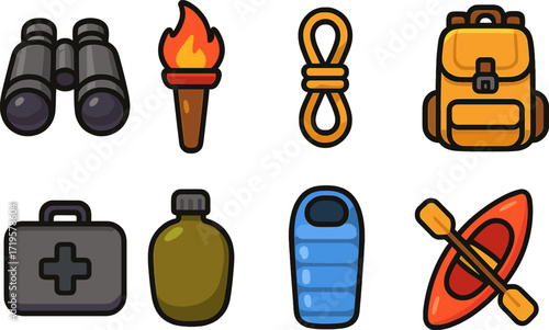 Essential outdoor adventure gear including binoculars, torch, backpack, and more for hiking and camping trips