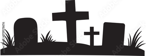 Cemetery gravestone crosses grass silhouette vector, black and white silhouette vector illustration