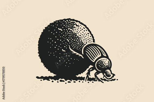 Dung beetle engraving style black and white sketch vector illustration