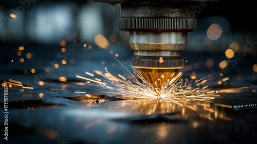 CNC laser cuts steel profile with sparks in action Industrial technology closeup for metalworking process