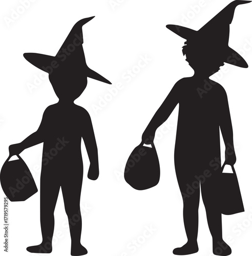 Children trick or treating in witch hats halloween black and white silhouette vector illustration