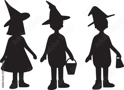 Children trick or treating in witch hats halloween black and white silhouette vector illustration