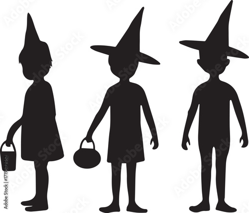 Children trick or treating in witch hats halloween black and white silhouette vector illustration
