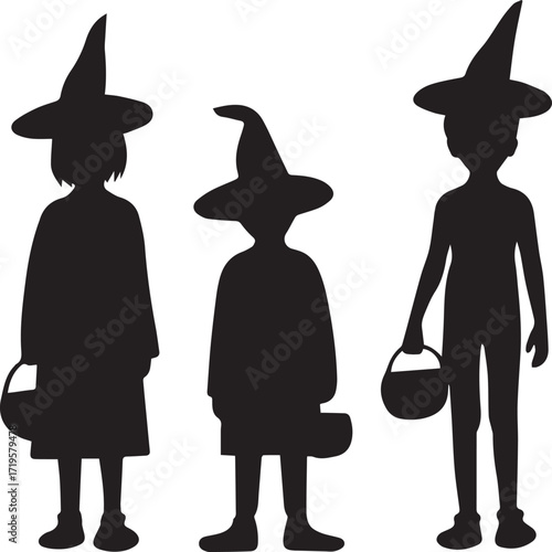 Children trick or treating in witch hats halloween black and white silhouette vector illustration