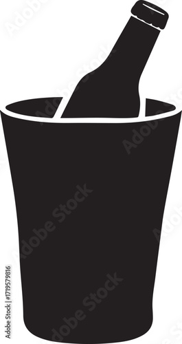 A wine bottle in a ice bucket black and white silhouette vector illustration