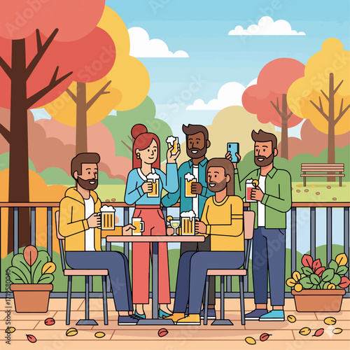 Social Hangout with Drinks on a Fall Terrace Illustration