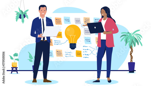 A business man and woman are working together on a big idea, with a glowing lightbulb and sticky notes displayed on a wall in a flat design vector illustration