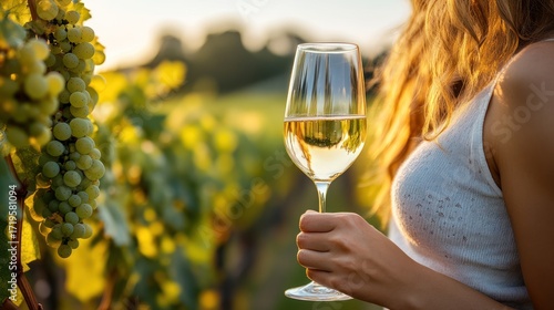 Woman holding glass of white wine in vineyard at sunset
