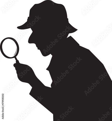 Detective examining black and white silhouette vector illustration