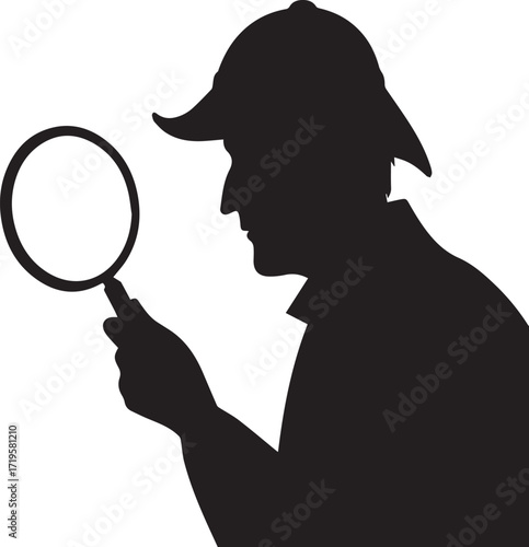 Detective examining black and white silhouette vector illustration