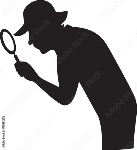 Detective examining black and white silhouette vector illustration