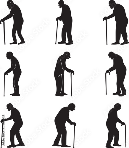 A group of Elderly figures using walking sticks for support and balance black and white silhouette vector illustration