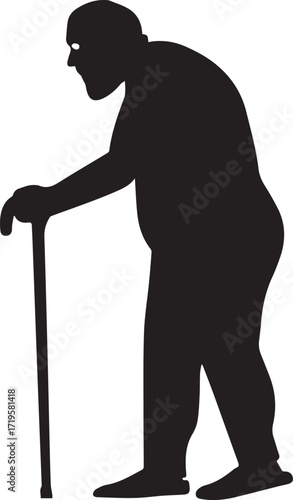 Elderly figures using walking sticks for support and balance black and white silhouette vector illustration