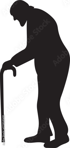 Elderly figures using walking sticks for support and balance black and white silhouette vector illustration