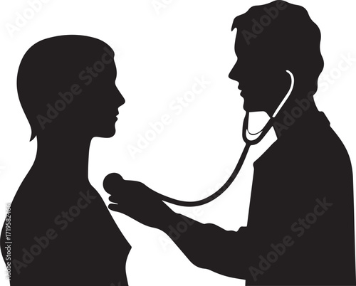 Doctor examining patient with stethoscope black and white silhouette vector illustration
