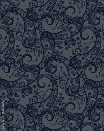 Abstract solid vector textile design, arrangement with dual-color big paisley pattern, all-over seamless pattern with purple and gray tone color illustration, digital image printing factory