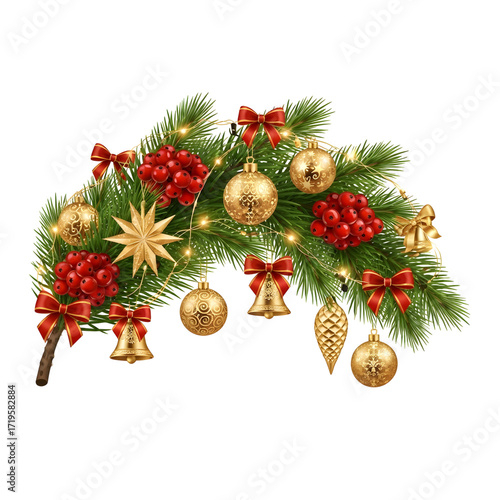 Christmas garland with ornaments, bows, and lights isolated on transparent background