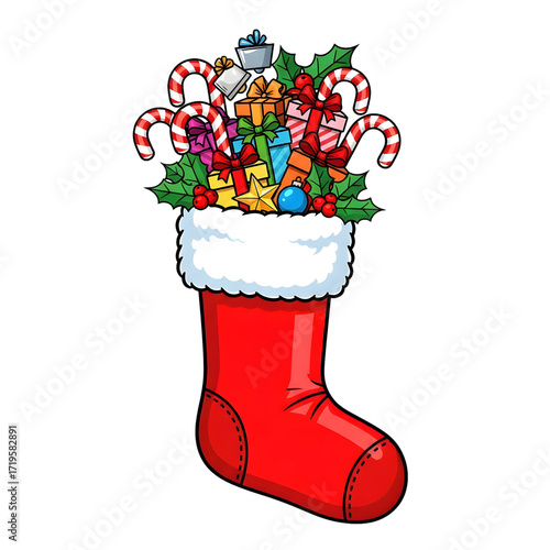 Red christmas stocking filled with gifts and candy canes isolated on transparent background