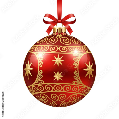 Red christmas ornament with gold pattern isolated on transparent background