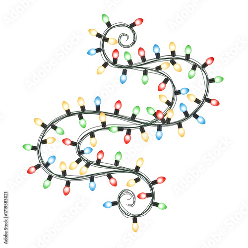 String of colorful christmas lights isolated on transparent background